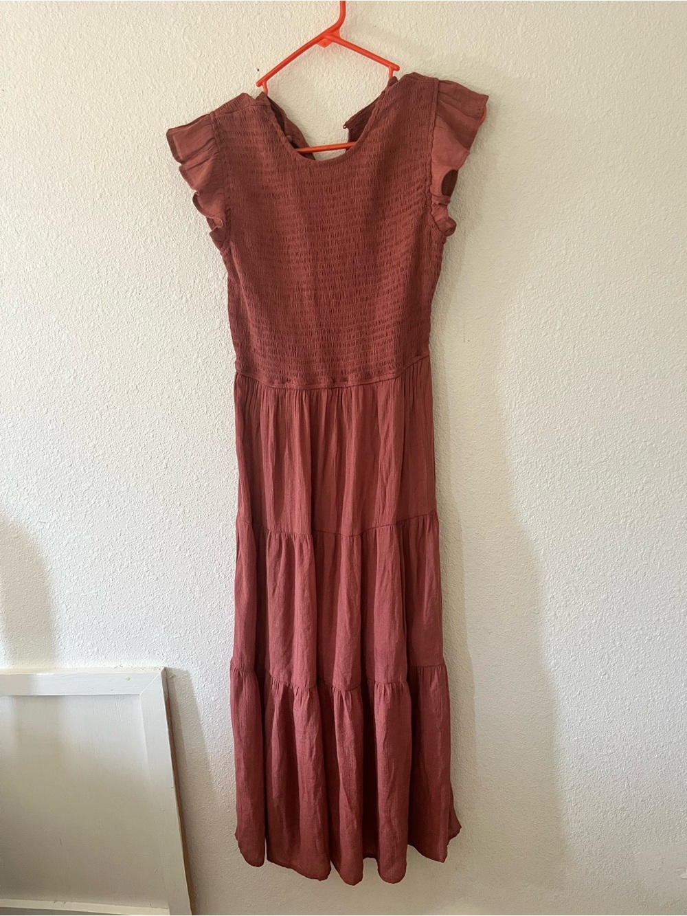 Women's Dusty Mauve Tiered Smocked Midi Dress. Small